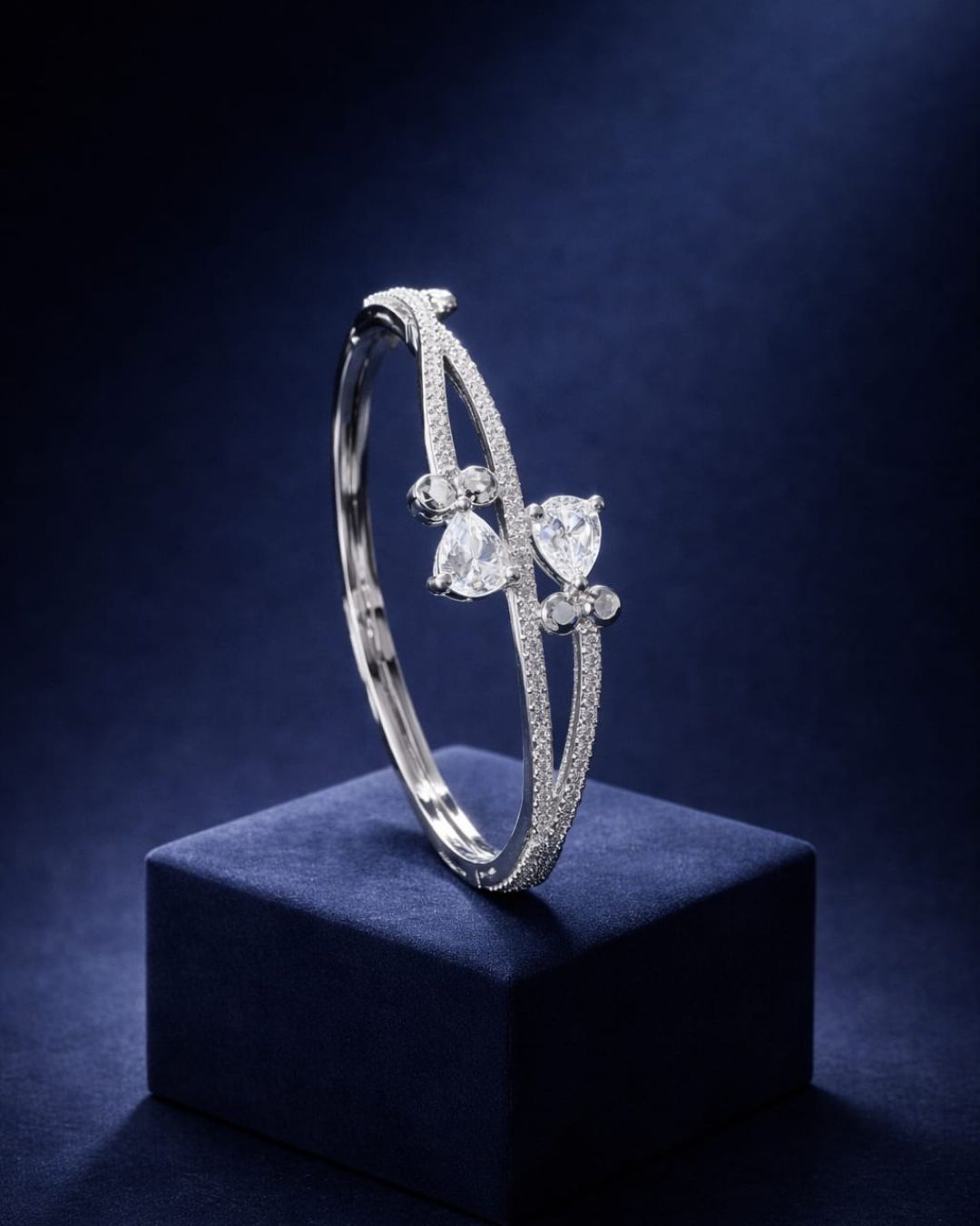 Silver Bloom Diamond Open Bangle